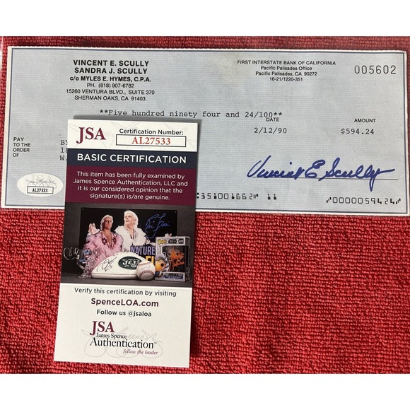 🔥 RARE LA Dodgers VIN SCULLY SIGNED CHECK JSA COA GEM MINT AUTOGRAPH CERTIFIED - Picture 1 of 6